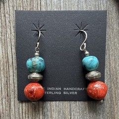 Handmade Sterling Silver Turquoise & Coral Beaded Necklace Dangle Hook Earrings