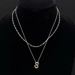 2 Pcs 14K Gold Flash-Plated Puff Initial “S” Layered Necklace & Paperclip Chain