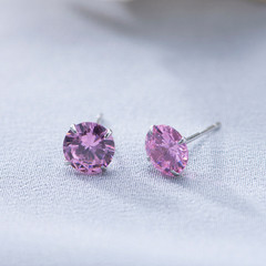 999 Sterling Silver Sparkling Pink Round Solitaire CZ Mini Stud Earrings