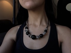 Black Beaded Statement Necklace Silver Tone Leaf Spacers Ball/Bead Chain