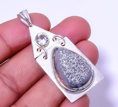 Titanium Carbon Agate Drusy 925 Silver Plated Designer Pendant 2.15″ P7611-33