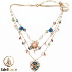 Women’s Layered Necklace Butterfly Heart Gold Tone Beaded Boho Adjustable Chain