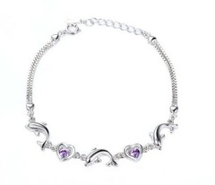 925 Silver Tone Bracelet Anklet Dolphin Heart Link Chain Purple CZ Crystal Gift