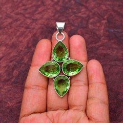 Green Amethyst Gemstone 925 sterling silver Handmade Cross Pendant jewelry 2.75″
