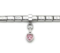 Italian Modular Charm Bracelet Dangle Pink CZ Heart Stainless Steel Silver 4 mm