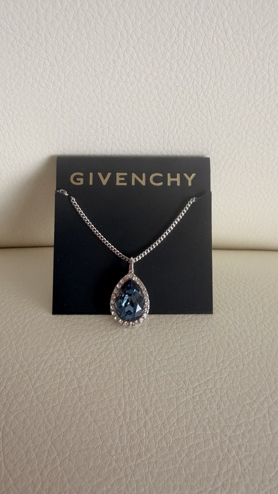 Givenchy Blue Crystal Teardrop Halo Pendant Necklace Silver Tone Chain NWT