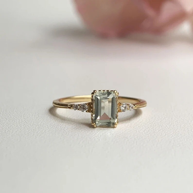Emerald Cut Green Amethyst Gemstone Silver Ring Handmade Womens Ring