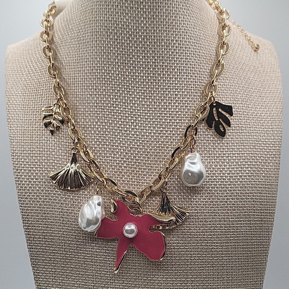 Gold Tone Oval Link Chain Charm Necklace Pink Enamel Bow & Simulated Pearls
