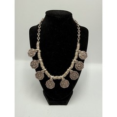 Boho Silver Tone Etched Hexagon Charm Statement Necklace Ethnic Coin Detail 20″