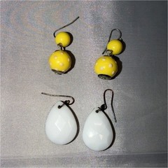 Yellow Beaded & White Teardrop Dangle Plastic Earrings Set, Hook Closure