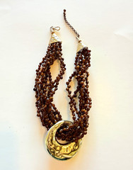 Brown Wood Beaded Multi-Strand Statement Necklace Gold Tone Round Charm Hook