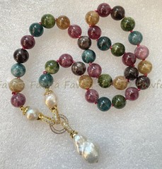 Multicolor Tourmaline Round Gemstone White Keshi Baroque Pearl Pendant Necklace