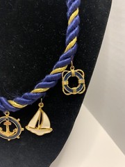 Nautical Navy & Gold Rope Collar Necklace w/ Sailboat & Anchor