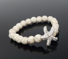 Starfish Bracelet Sea Star Bracelet White Beige Beads Stretch Bracelet Beaded