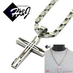 24″MEN’s Stainless Steel 5mm Silver Box Bike Link Chain Necklace Cross Pendant*A
