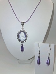 Christian Cameo Necklace Set 17″ Mary Child Purple White Pendant Jesus Handmade