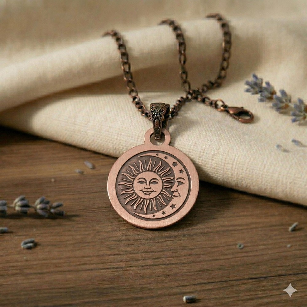 Pure Copper Spiritual Sun and Moon Necklace – Handmade Boho Gift