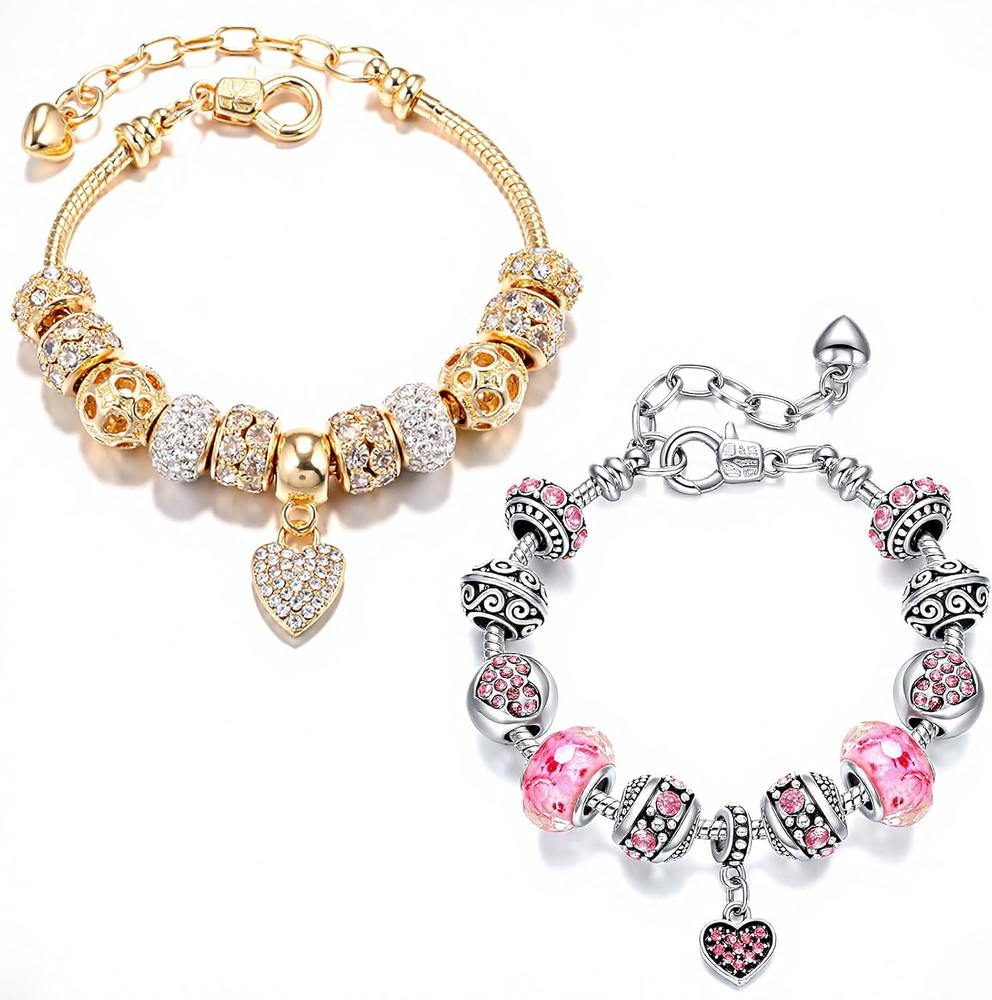 2 Pack Charm Bracelets Pink and Gold Heart Silver 7.5 Inches, Gold/Pink
