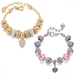 2 Pack Charm Bracelets Pink and Gold Heart Silver 7.5 Inches, Gold/Pink