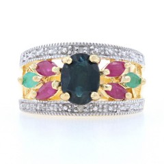 Silver Sapphire Ruby Emerald Diamond Floral Ring -925 Gold Plated 2.46ctw Sz 7