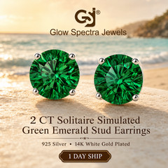 2CT Solitaire Green Emerald Diamond Stud Erring 925 Silver 14k White Gold Plated