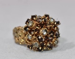 Vintage Ring Gold Tone Cluster 9.5 Adjustable Brown And Clear Stone
