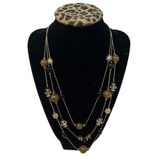 Gold Tone Necklace 3 Strand Brown Black Beads Serpentine Chain