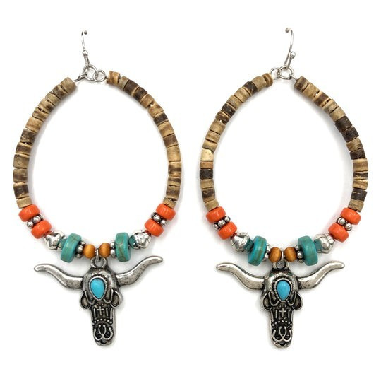 Western Bull Skull Dangle Hook Earrings Multicolor Round Beads Turquoise
