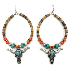 Western Bull Skull Dangle Hook Earrings Multicolor Round Beads Turquoise