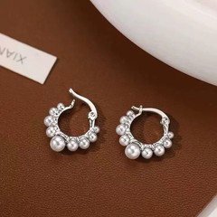 Silver Beaded Pearl Chandelier Earrings Pearl Cluster Hoop Huggie Earrings EA128