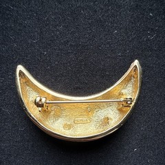 Vintage Christian Dior Gold Plate Textured Crescent Moon Brooch Pin Rhinestones