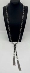 White House Black Market Silver-Tone Links W/Black Ribbon Double Tassel Necklace