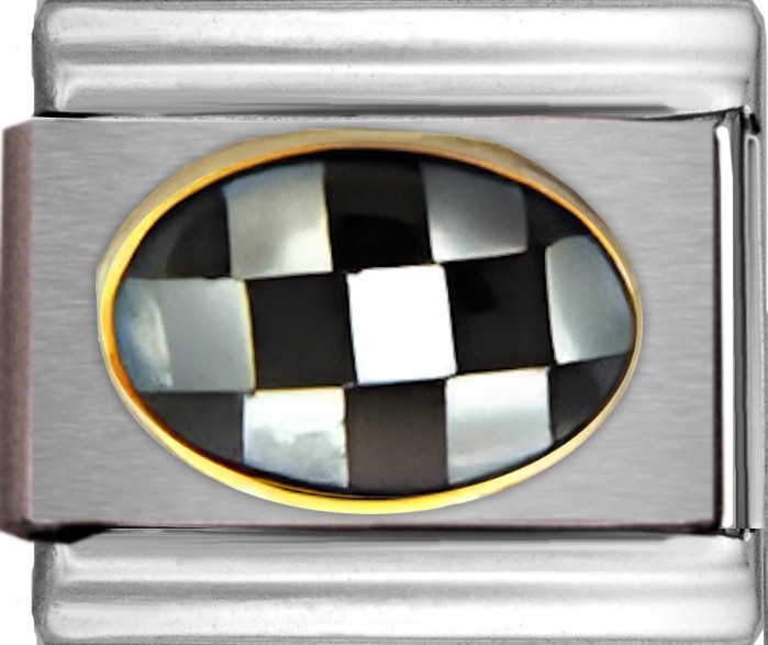 Black and White Checkerboard Oval Italian Charm 9mm Link Gold Tone Bezel Fashion