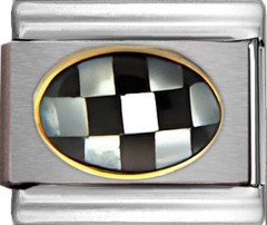 Black and White Checkerboard Oval Italian Charm 9mm Link Gold Tone Bezel Fashion