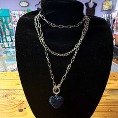 Silver Tone Layered Cable Chain Necklace, Blue Crystal Heart Charm Pendant