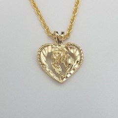 14KT GOLD PLATED HEART & ROSE CHARM & 18″ 14KT GOLD EP ROPE CHAIN-2075