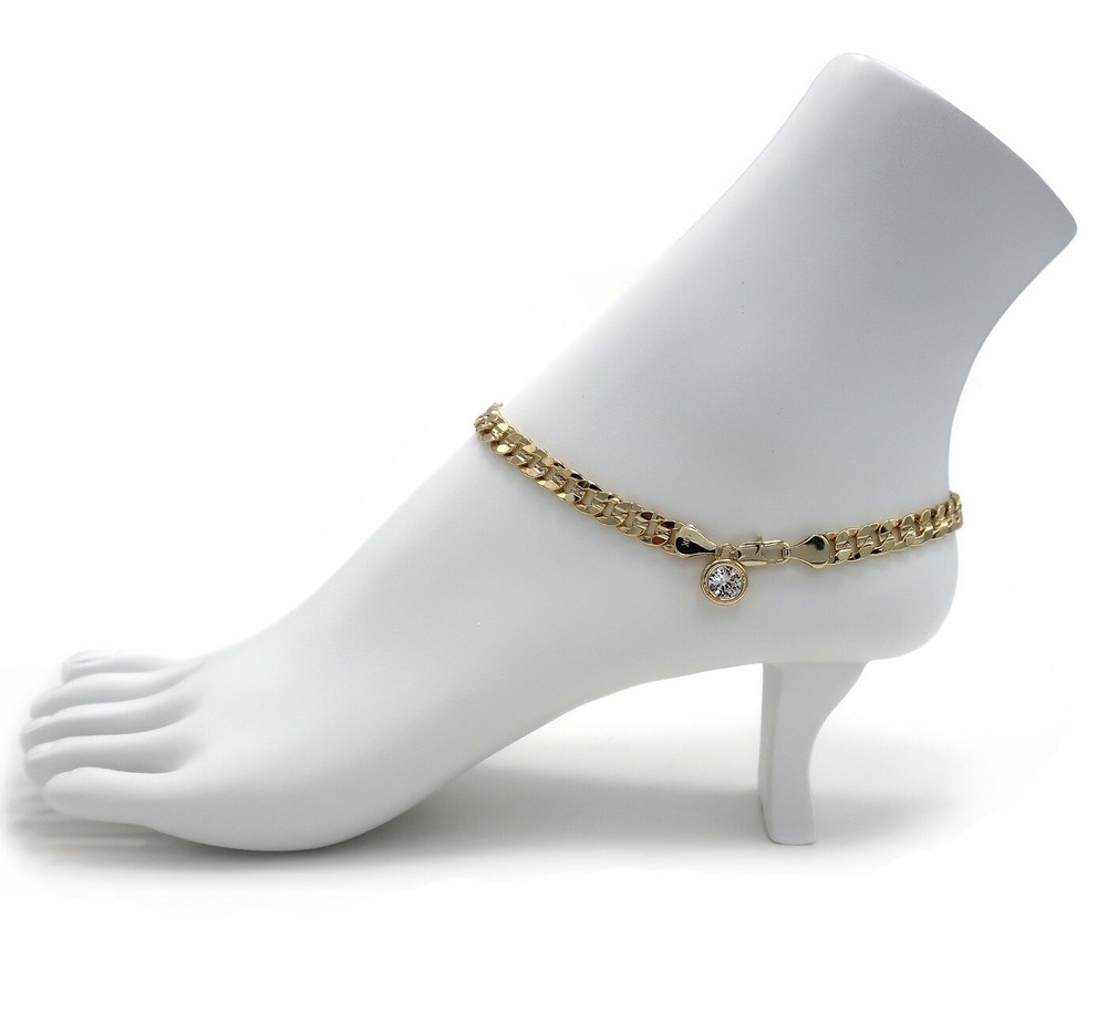 6mm CONCAVE CUBAN LINK CHAIN ANKLET CZ ANKLE BRACELET 14K GOLD PLATED