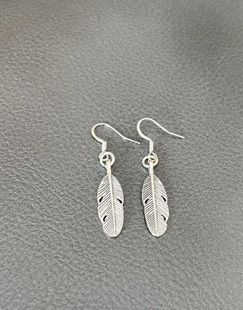 Feather Drop Hook Earrings .925 Sterling Silver Hook ~ Pewter Charm