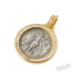 18K Gold Plated Sterling Silver Baguette Cut CZ Bee Coin Pendant Double Sided
