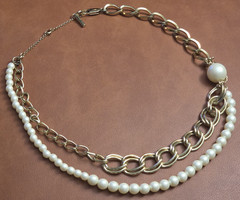 Kenneth Cole Layered Chain Necklace– Golden Tone, Faux Pearl, 20″ Statement Look
