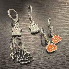 Halloween Charm Dangle Earrings Lot of 3 Pairs Silver Orange Metal Enamel