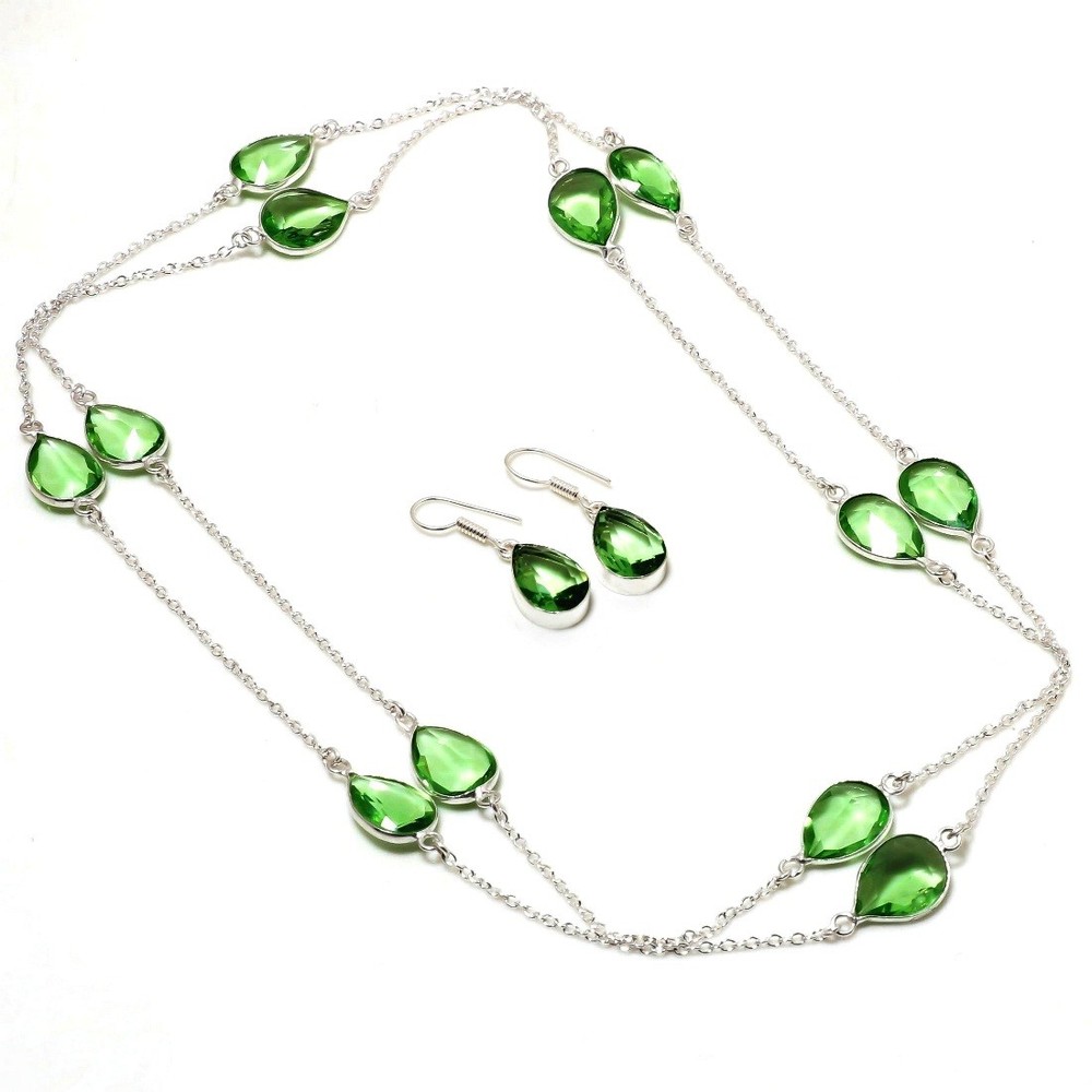 Green Amethyst Pear Shape Gemstone Chain+Earrings Wedding Gift Handmade Jewelry