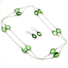 Green Amethyst Pear Shape Gemstone Chain+Earrings Wedding Gift Handmade Jewelry