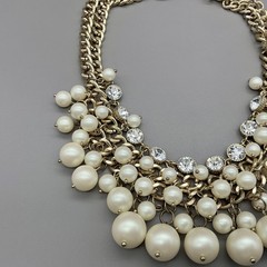 Necklace Gold Tone Pearl Beaded Rhinestone Bib Chunky Statement Womens Jewelry