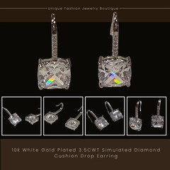 10k White Gold Plated 3CTW Simulated Diamond Cushion Drop Earrings Women Jewelry