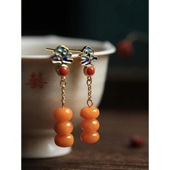Amber Cloud Earrings Enamel Tassel Drop Dangle Chinese Style Vintage Jewelry