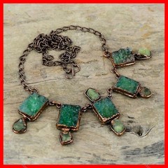 Green Druzy Gemstone Aquamarine Rough Copper Chain Bezel Electroformed Necklace