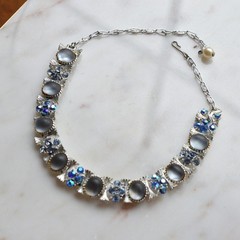 Vintage Lisner Blue Aurora Borealis Choker Necklace, 1950s Gray Moonglow Cabocho