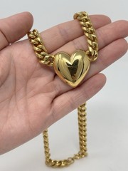 Chunky Puff Heart Thick Curb Link Chain Choker Necklace Bold Shiny Gold 18″