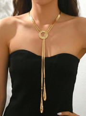 Summer Y-Shaped Tassel Necklace Gold Snake Chain Circle Pendant for Women